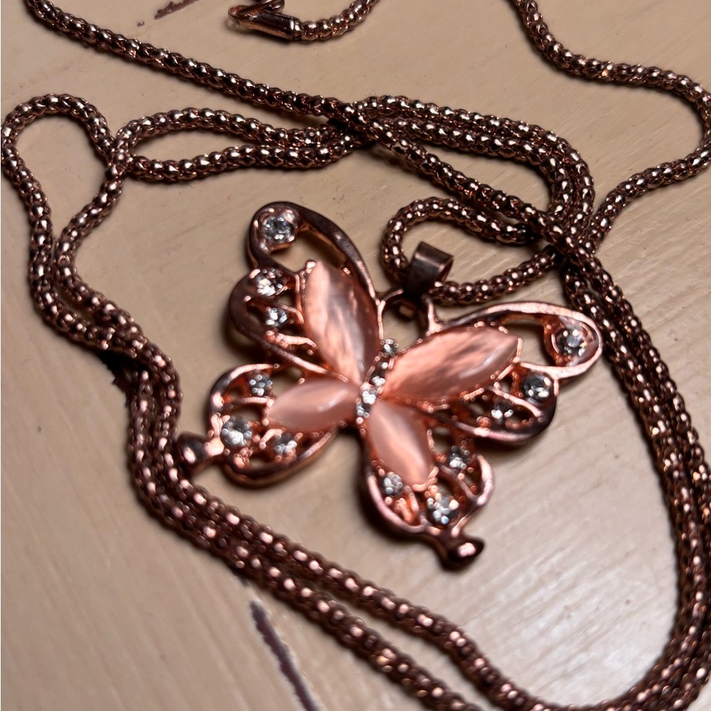 Rose gold opal Butterfly Pendant Necklace